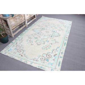 Grand tapis turc vintage patchwork 4,9x8,9 pieds, écologique, en laine blanche du sud-ouest avec envers en latex - Product Image 1