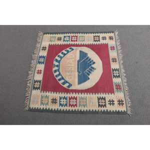 Alfombra Turca Vintage de Kilim con Diseño de Patchwork, 2.8x2.8 pies (86x85 cm), Lana Roja, Ecológica, con Respaldo de Látex, para el Hogar - Product Image 2