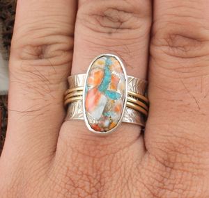 Bague en argent sterling 925 de style Boho fait à la main avec huître épineuse et pierre précieuse turquoise en gros - Product Image 3