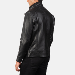 Chaqueta Bomber de Lona Negra para Hombre, Corte Ajustado, Cuello Alto, Cuero Genuino de Pescado, Cuero Premium en la Parte Delantera, Transpirable e Impermeable - Product Image 4