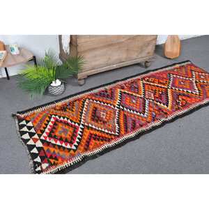 Tapis turc vintage grande surface 2.6x7.4ft ethnique rouge Orange motif abstrait laine matériel 10mm Latex pour couloir chambre décor - Product Image 1