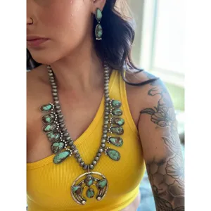 Navajo Handmade Sterling Silver Squash Blossom Necklace <b>Set</b> with Turquoise & Rhinestone Accents - Product Image 6