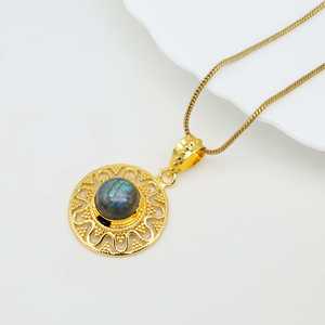 Handmade Design Gold Pendant Necklace Tribal Brass Jewelry Women 18k Gold Plated Celestial Sun Labradorite Boho Choker Wholesale - Product Image 3