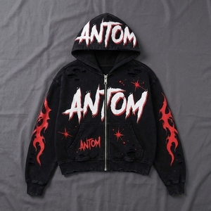 Sudadera con capucha amarilla con cremallera para hombre, estilo urbano, oversize, de algodón tejido con estampado de letras de dibujos animados y diseño de llamas, primavera - Product Image 5