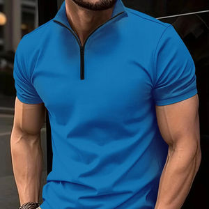 Polos de manga corta a rayas elásticas altas de verano 2025 para hombre, camiseta informal de negocios con cremallera, Tops, ropa de calle de talla grande 4XL-M - Product Image 4