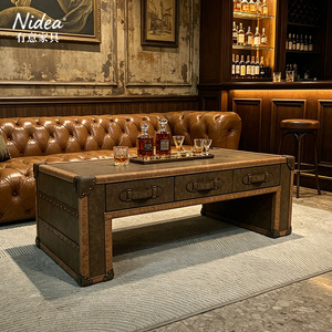 Tavolino da Caffè di Lusso in Pelle Vintage con 3 Cassetti, Stile Campagna Fatto <span class=keywords><strong>a</strong></span> Mano per Bar Domestico e Soggiorno, Angoli e Rivetti in Ottone - Product Image 5