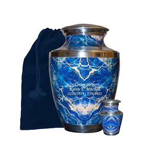 Cremation <b>Urn</b>, for Human Ashes, Personalized Marble Finish Metal Funeral <b>Urn</b> with Velvet Bag (Blue <b>Large</b>) - Product Image 1