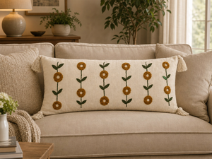 Boho <b>Mustard</b> Floral Embroidered Cotton Lumbar Cushion Cover Artisan Long <b>Throw</b> Pillow Sham with Corner Tassels for Bedding Decor - Product Image 6