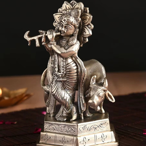 Exquisito Ídolo de Flauta de Latón del Señor Krishna con Figura de Vaca Hecha a Mano para Decoración del Hogar, Templo u Oficina - Product Image 1