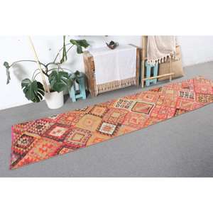 Vintage Kilim <b>Runner</b> Rug 2.3x10.1 ft (70x309 cm), Turkish <b>Red</b> Check Wool Rug - Product Image 4