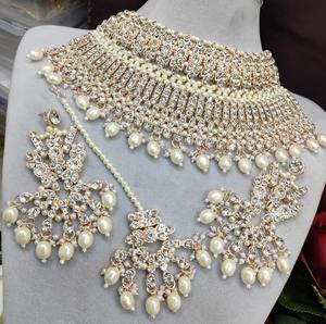 Luxury Vintage Copper Gold Plated <b>Pearl</b> Choker <b>Necklace</b> <b>Set</b> <b>Earrings</b> Maang Tikka Lightweight Design Wedding Bridal Party Wear - Product Image 2