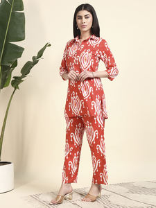 Premium Cotton Knitting Floral Button Pattern Above Knee Slit Summer Shirt Palazzo <b>One</b> Set Women | Breathable | Casual Ethnic - Product Image 2