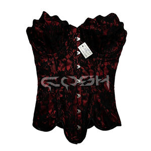 Corset Overbust en satin rouge avec baleines en acier, maille florale noire et garniture de bonnets fantaisie, idéal pour la Saint-Valentin | Achetez maintenant - Product Image 3