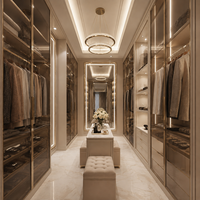 Dressing sur mesure du sol au plafond avec portes vitrées, îlot à bijoux, tringles de suspension et éclairage intérieur