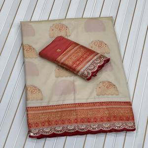 Sari de Seda Suave Banarasi Premium VASTRA COTTAGE con Tejido Meenakari Zari, Bordado con Cordones y Lentejuelas, Diseño de Alta Costura para Bodas - Product Image 5