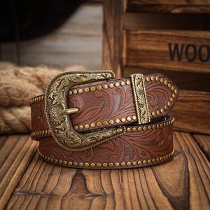 เข็มขัดหนังแท้คลาสสิกวินเทจแบบตะวันตกเข็มขัดวัวสีน้ำตาลดำพร้อมหัวเข็มขัดวัวสีเงิน - Product Image 1