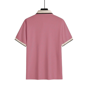 Camiseta de punto transpirable rosa para hombre, 220g, manga corta, cuello y puños en contraste, cierre de botones, corte regular, informal, para verano - Product Image 2