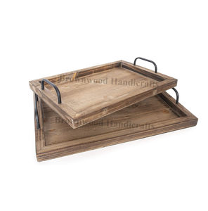 Juego de 2 bandejas de madera de pino macizo para servir, bandejas de madera hechas a mano con asas de metal, calidad superior para restaurantes y hoteles - Product Image 2