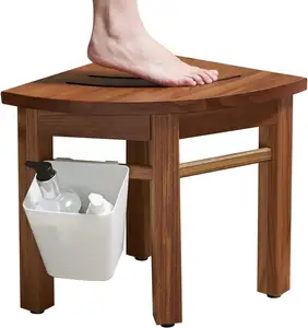 Su geçirmez tik duş tezgahı, ayak dinlenme için küçük ahşap banyo taburesi, iç duş için köşe banyo taburesi