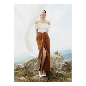 Sexy AUDREY PENCIL SKIRT High Quality Women's Skirt 45% Rame 55% Polyurethane Fabric Black Brown Pencil Pleated Skirt Front Slit