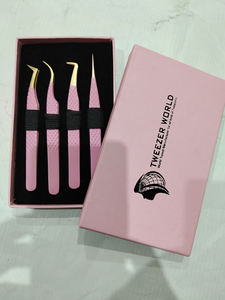 Pink Curvedd Pointed Stainless Steel Lash <b>Tweezers</b> with Fiber Tip for Eyelash Extensions - Product Image 2