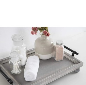 Plateau rectangulaire de ferme vintage Poignées en métal de couleur grise rustique Plateaux en bois et 4 pieds parfaits pour la table basse et la décoration - Product Image 4