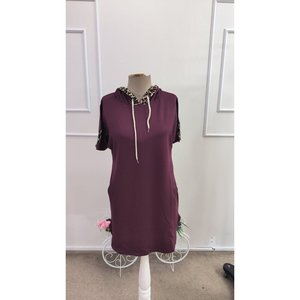 Robe à manches courtes pour femme avec col à nouer et détails de poches, robe en viscose à deux fils, 36495 - Bourgogne - Product Image 4