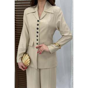 Beige Buttoned Jacket And Trousers <b>Set</b> - Beige - Product Image 4