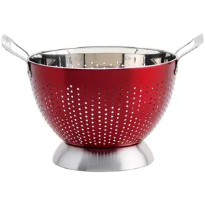 Ensemble de 2 passoires rouges en acier inoxydable avec poignées et trous d'égouttage pour laver les légumes, les pâtes et les fruits | Vente en gros - Product Image 3