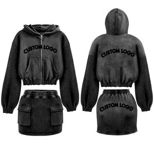 Femmes 2025 Logo personnalisé décontracté solide deux pièces fermeture éclair à capuche haut court polaire sweat jupe motif Vintage pour le printemps - Product Image 6
