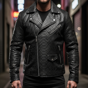 Black Leather Motorcycle <b>Jacket</b> <b>for</b> <b>Men</b> Hooded Plaid Pattern <b>Summer</b> Fashion - Product Image 2