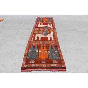 Tapis turc vintage, tapis Herki 3,2x11,4 pieds, tapis en laine rouge à motifs floraux - Product Image 1