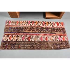 Tapis vintage turc en laine écologique à poils moyens, 2,4 x 4,4 pieds, marron beige, design patchwork, grand rectangle, avec envers en latex - Product Image 3
