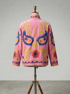 <b>Women</b> Pink Floral Embroidered Reversible <b>Velvet</b> Bomber <b>Jacket</b> Indian Ethnic Kantha Style Winter Wear Wholesale Clothing 100% - Product Image 4