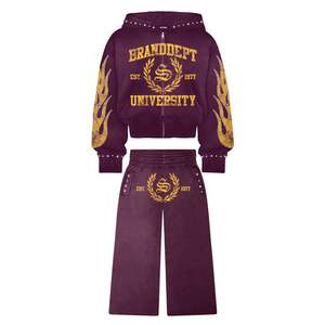 Venta al por mayor OEM Vintage lavado dos piezas conjuntos chándales logotipo personalizado impreso chándal Unisex transpirable pantalones de chándal conjunto - Product Image 5