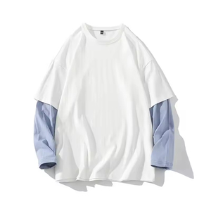 Mode personnalisée T-shirt double couche pour hommes à col rond coupe ample en tissu tricoté imprimé à manches longues avec logo sur le devant - Product Image 4