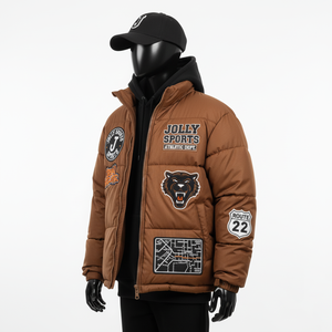 Chaqueta acolchada de poliéster de lujo, Color marrón, logotipo personalizado, Parche de chenilla bordado, ropa de abrigo de invierno, chaqueta acolchada para hombre - Product Image 3