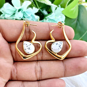 Boucles d'oreilles pour femmes, opale dendrite naturelle, boucles d'oreilles pendantes de créateur, plaquées or, bijoux de mode en gros, accessoires pour femmes - Product Image 6