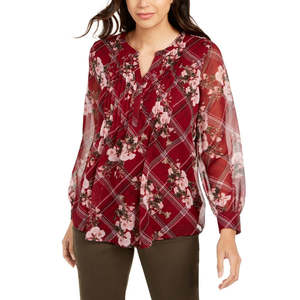 Top da donna Charter Club con stampa mista e collo diviso traspirante, rosso, taglia Petite Small - Product Image 1