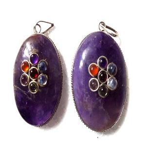 Pendentif unisexe en argent et pierre 7 chakras, améthyste naturelle, diamant, quartz, forme ovale bohème, bouddhisme - Product Image 1