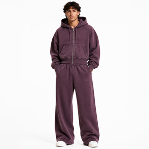 Wholesale Custom 100% Cotton Casual Solid Men's Hoodie Pant Tracksuits Breathable Winter <b>Zip</b>-<b>Up</b> <b>Crop</b> Hoodie with Rhinestone - Product Image 5