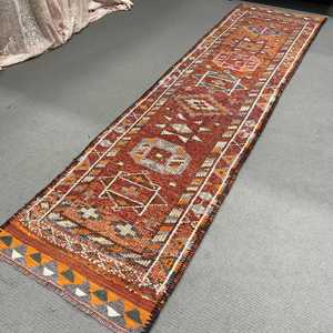 Turkish <b>Runner</b> Rug 2.8x10.7 ft, Vintage Herki <b>Red</b> Ikat Wool Rug - Product Image 5