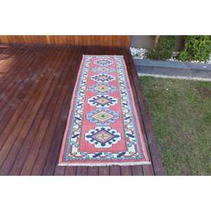 Vintage Turkish <b>Wool</b> Rug 2.6x7.7 ft (79x236 Cm) Eco-Friendly Patchwork Design with <b>Red</b> and Blue Plants & Trees Latex Backing - Product Image 1