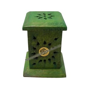 Soporte de cono de incienso de madera hecho a mano, torre en Color verde con incrustaciones de latón Om para fragancia de oficina en casa - Product Image 3