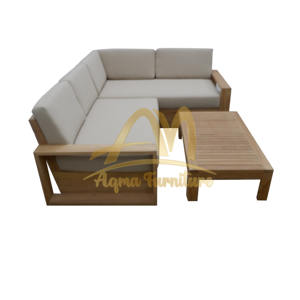Canapé en forme de L en teck avec coussin crème pour extérieur, fabriqué en Indonésie - Product Image 4