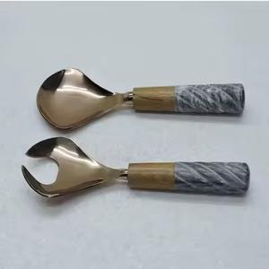 Handmade Long Embossed Broadly Ovate Leaf Design Salad Server Set White Marble Handle <b>Gold</b> Plated Metal - Product Image 5