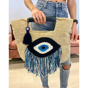 BESTSELLING Blue Evil Eye Crochet Paper Raffia Straw Handbag Handmade in Vietnam