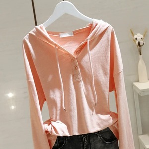 T-shirt en coton à manches longues à capuche pour femme, printemps-automne 2024, décontracté, jersey, nouveau design ample et amincissant - Product Image 2