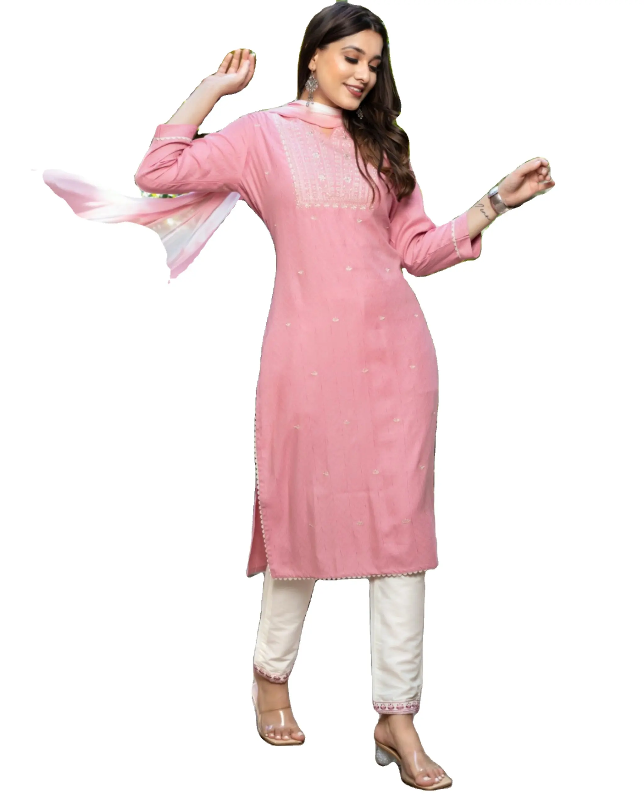 당신의 스타일을 높여라 멋진 도비 자카드 Kurti 순수한 실크 바닥과 여성을위한 Nazneen Sibori Dupatta