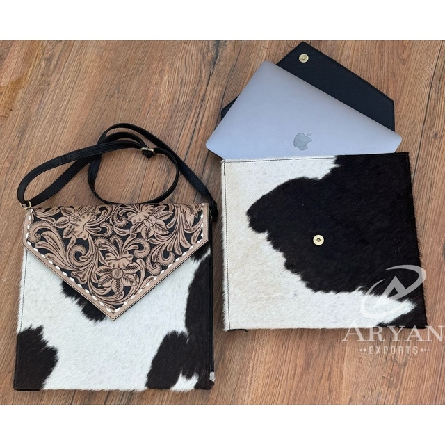 Full Protection Hand Tooled Laptop Sleeve 13.3 14 15.6 Inch Shoulder Bag Cowhide Business Laptop Sleeve Case Travel-Style Office